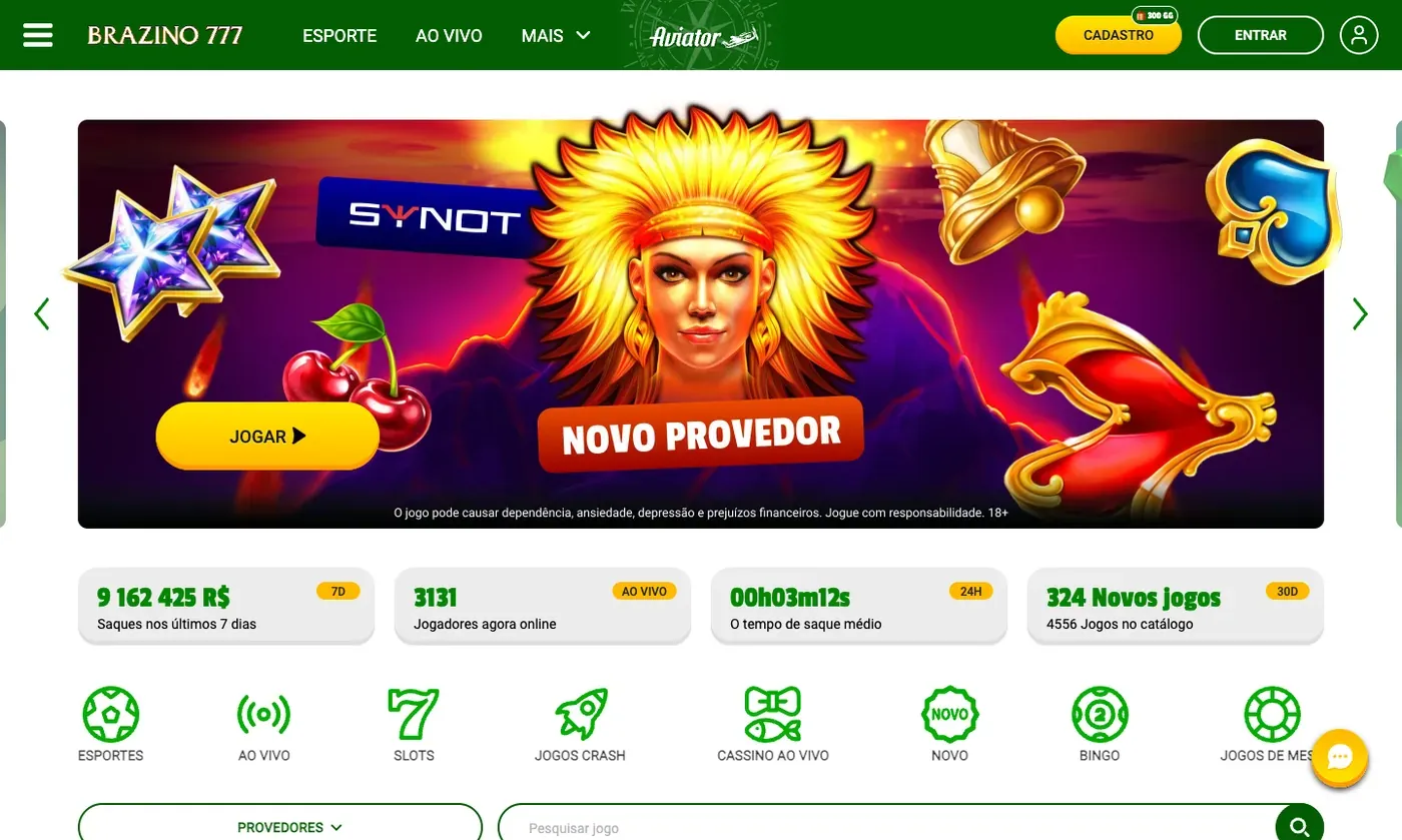 Página inicial do Brazino777 no computador: logo no topo, banner da vitrine e atalhos para Esporte, Ao Vivo e Slots