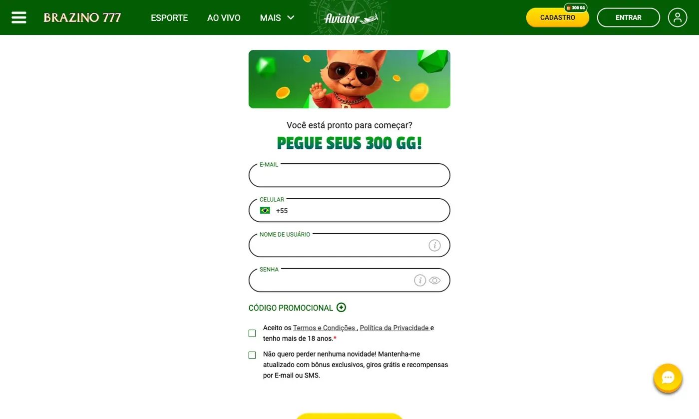 Formulário de cadastro do Brazino777 com os campos e-mail, celular, nome de usuário, senha e código promocional